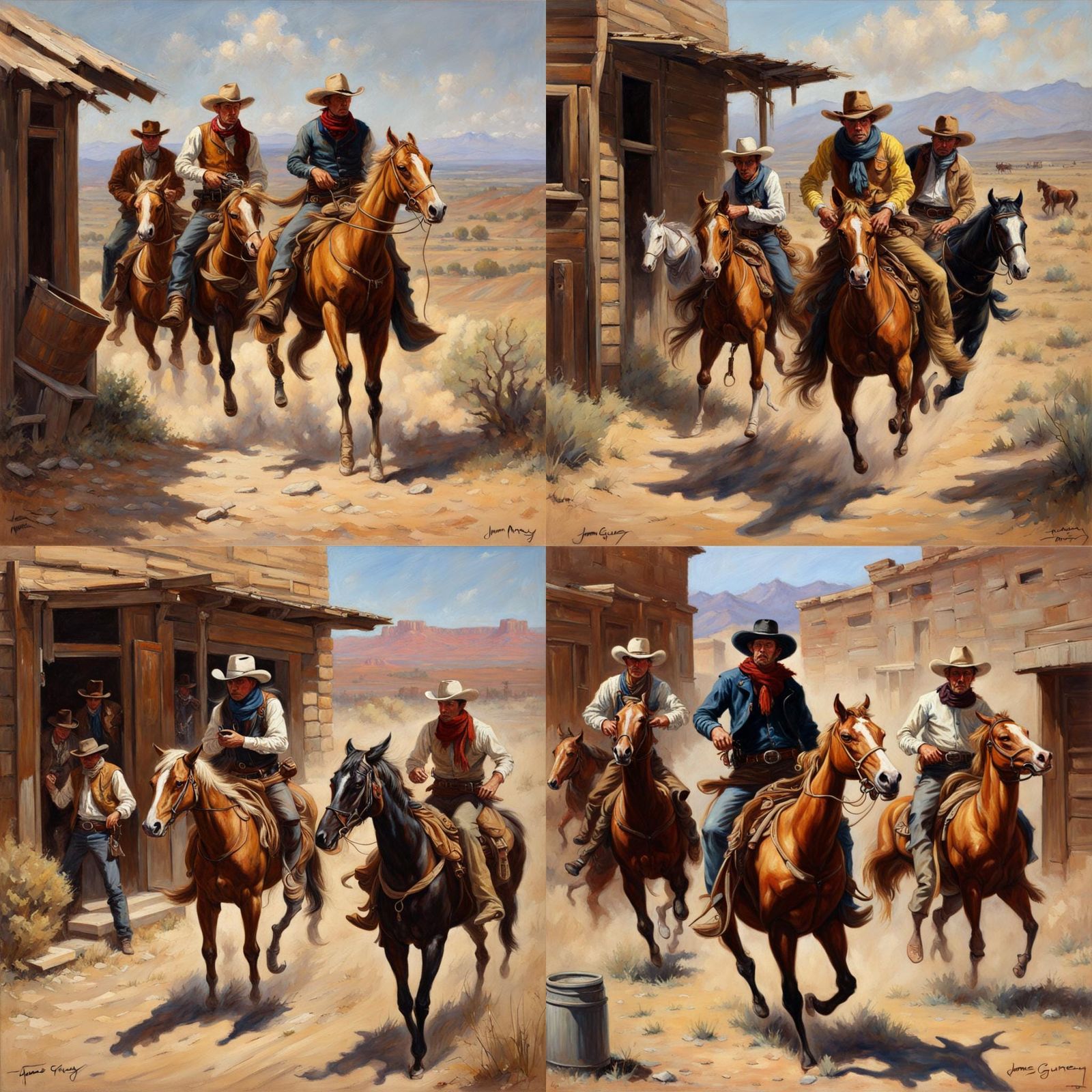 Cowboy Bank Robbery in Oil Painting Style