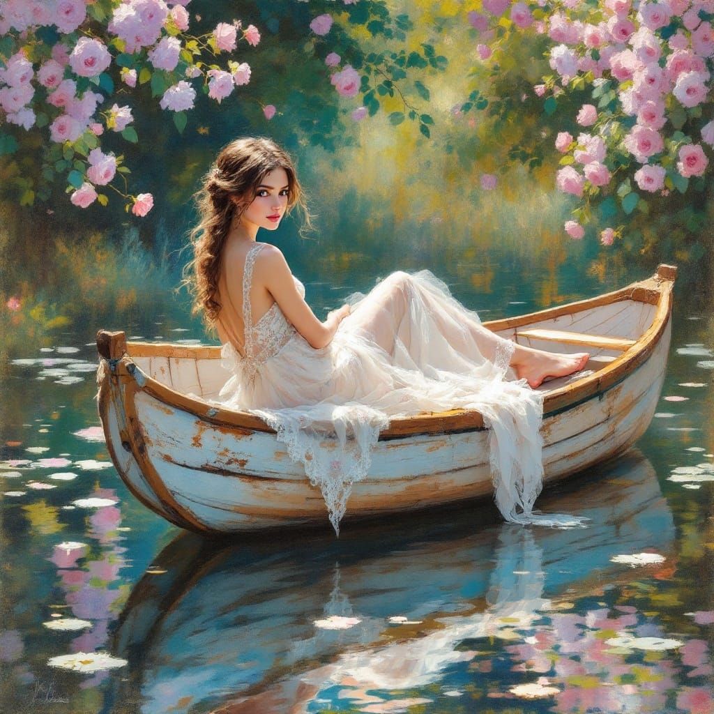 Ethereal Woman in a Boat amidst Vibrant Blooms