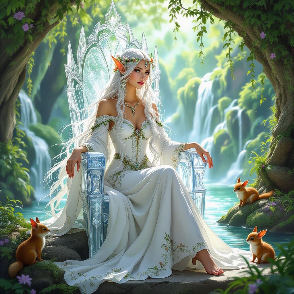 Elven Queen on Crystal Throne, Art Nouveau Style