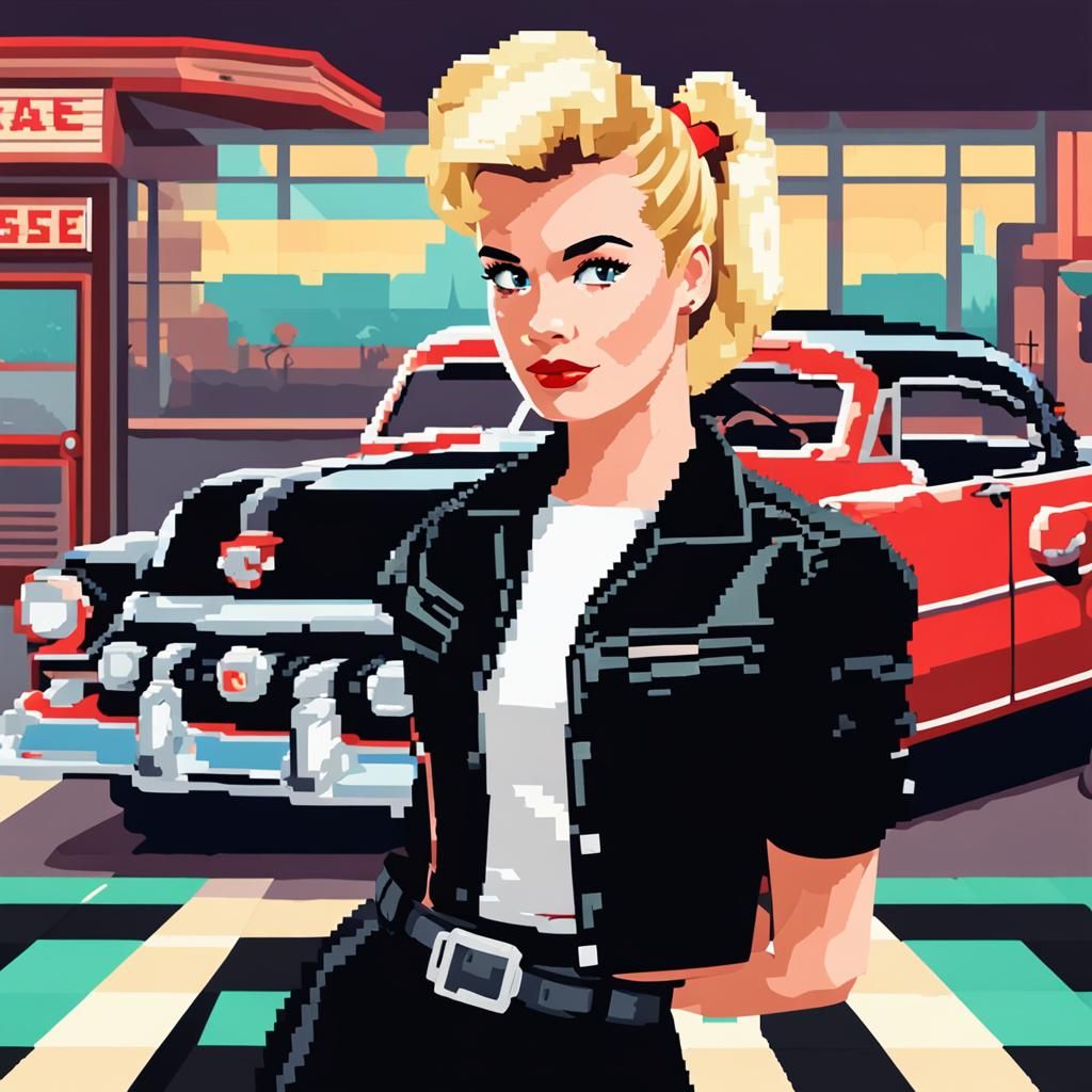 Retro Rockabilly Girl in Pixel Art