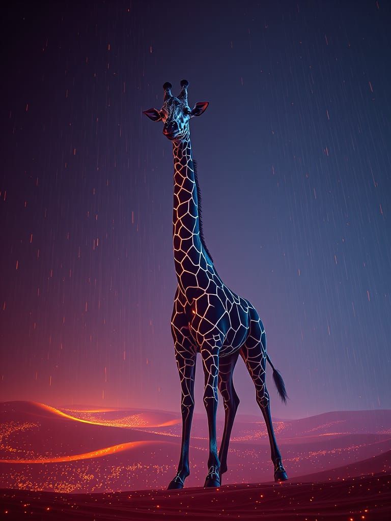 Surreal Neon Giraffe in a Futuristic Landscape