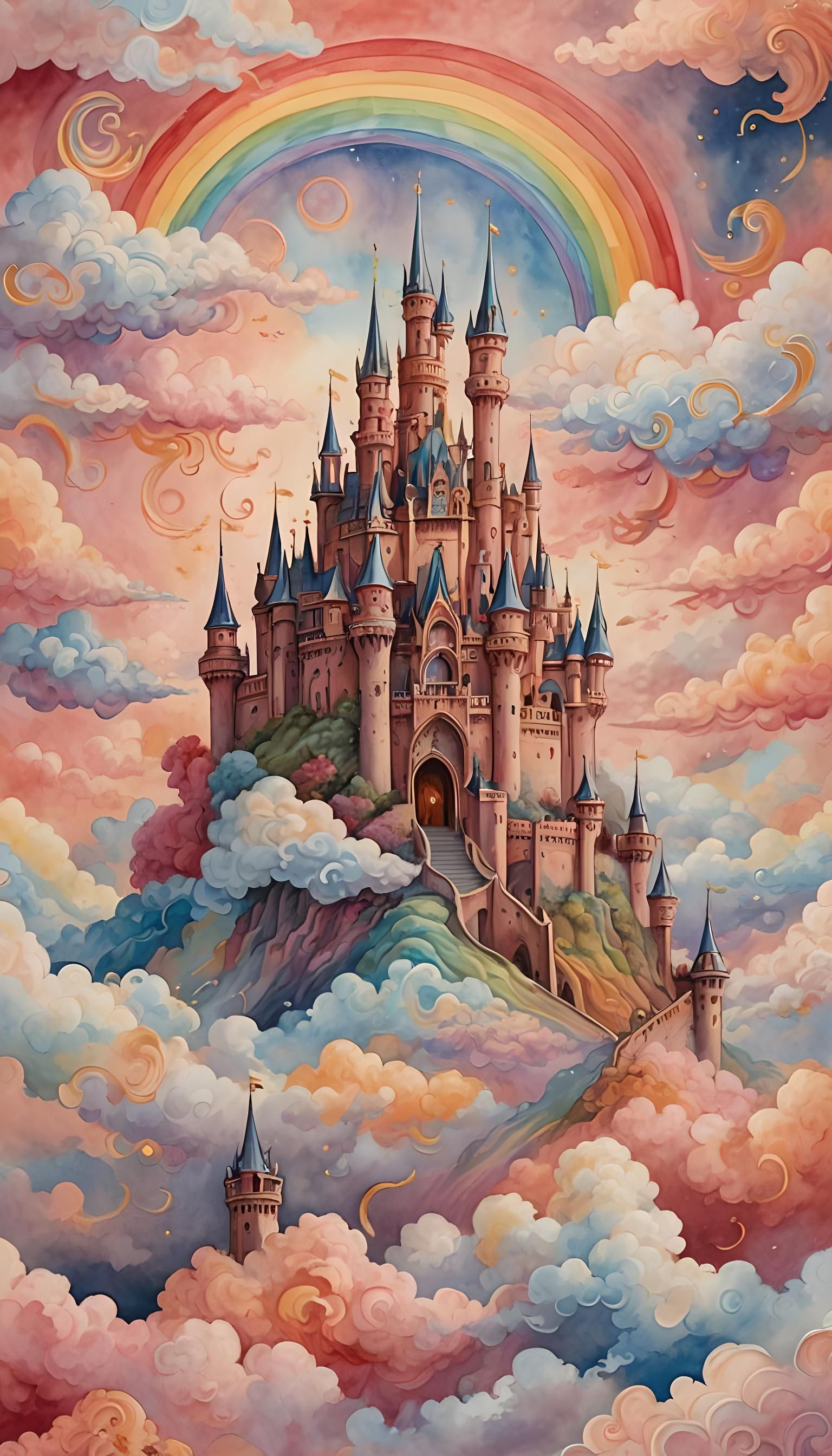 Psychedelic Peach Rainbow Sky in Ethereal Watercolor Art