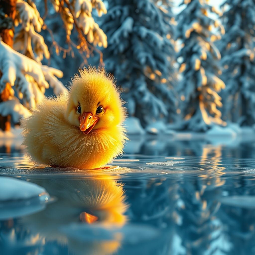 Serene Winter Duckling Scene in Dreamlike Atmosphere
