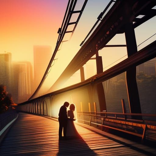 Romantic Sunset Embrace on Bridge in Hyperrealism