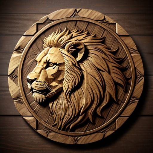 Textured Wooden Lion Figurehead in Low-Poly Art