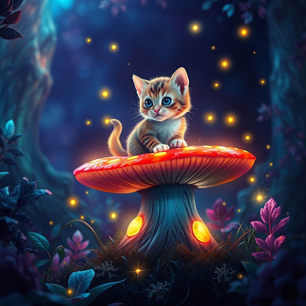 Whimsical Kitten on Mystical Mushroom in Fantasy Art