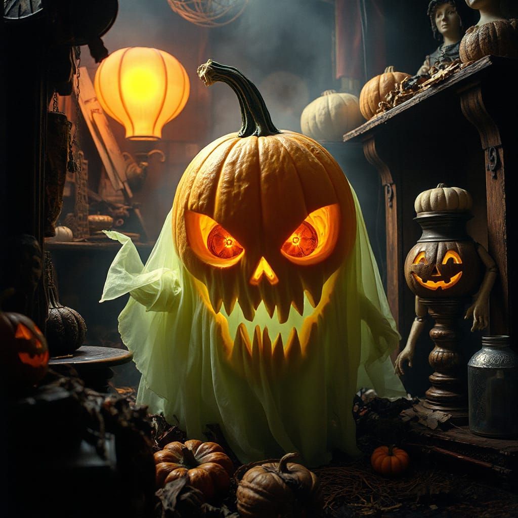 Ethereal Ghost Carved Pumpkin with Albrecht Dürer Hands