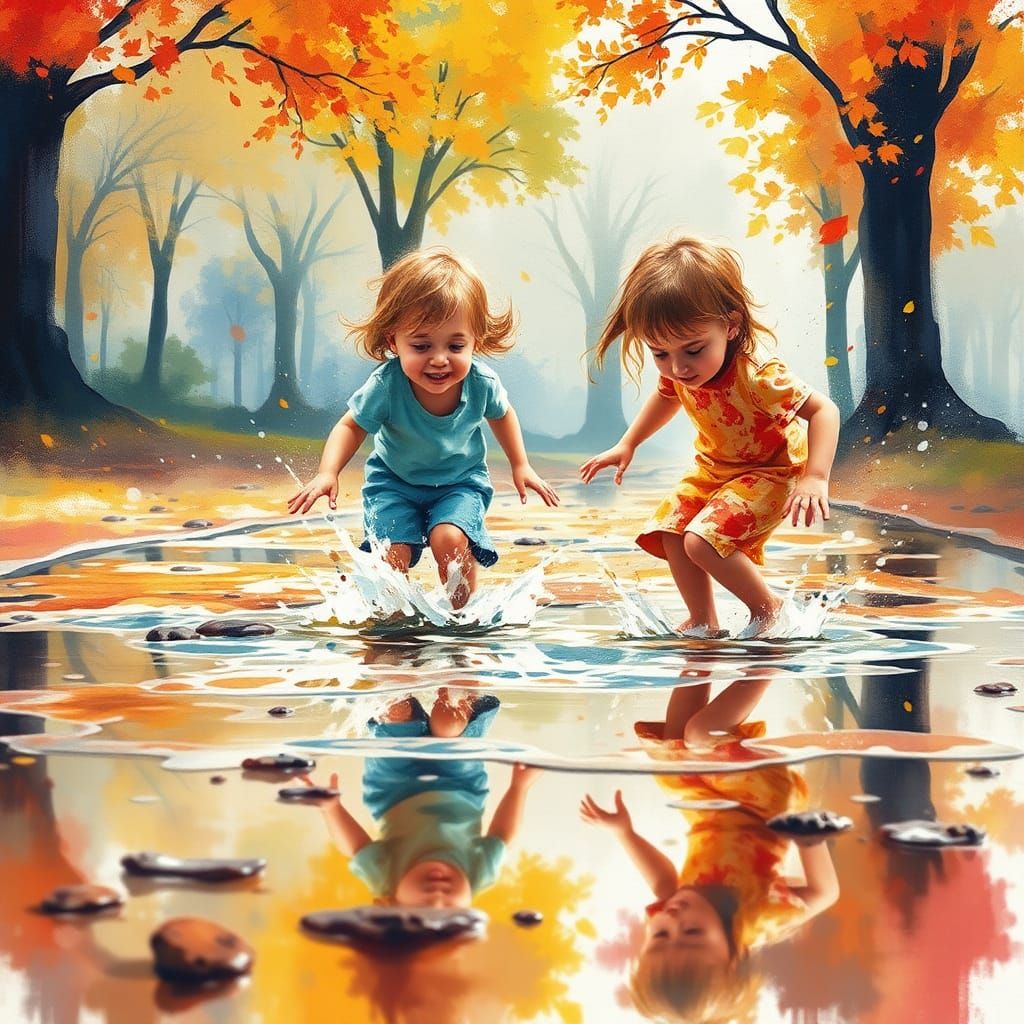 Children's Splatter Art Puddle Scene in Autumn Colors