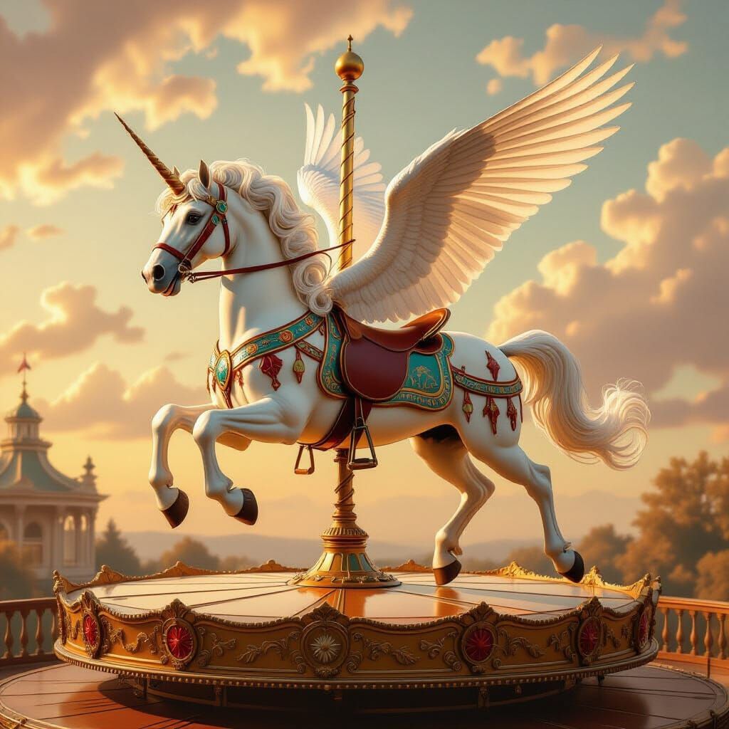 Carousel Horse Transforms into Gryphon in Sepia Sky