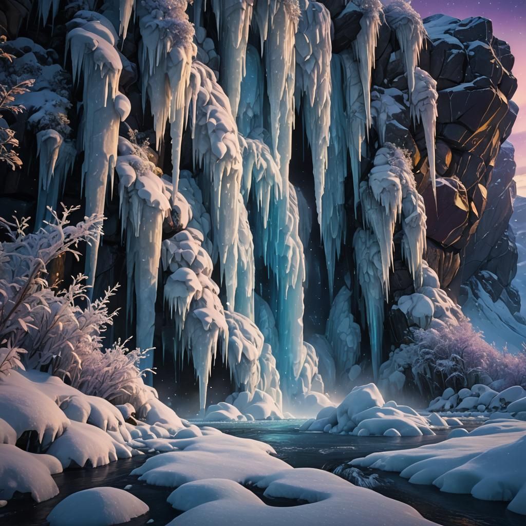 Arctic Frozen Waterfall Under Starry Night Sky