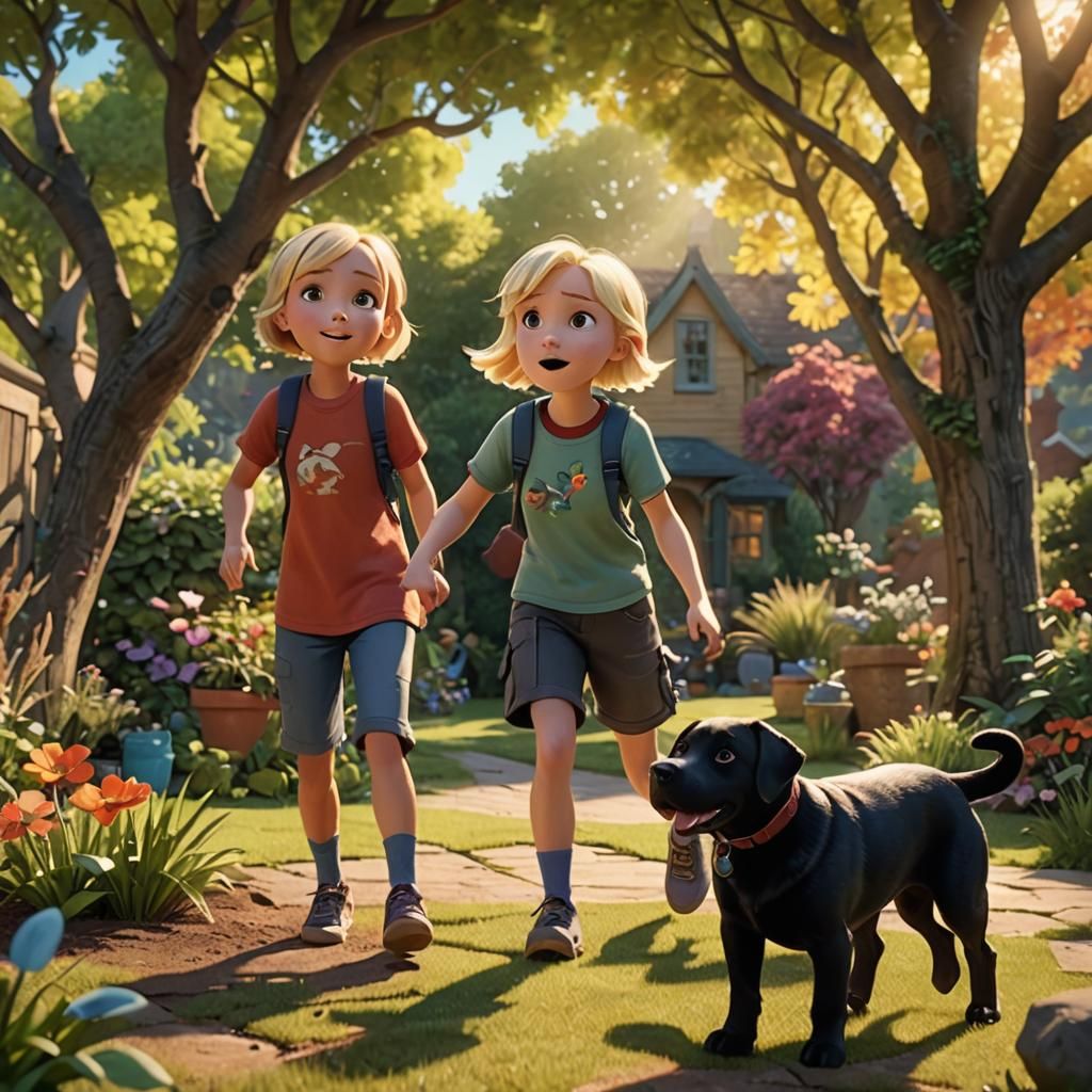 Labrador Plays with Children in Pixar Animation Style