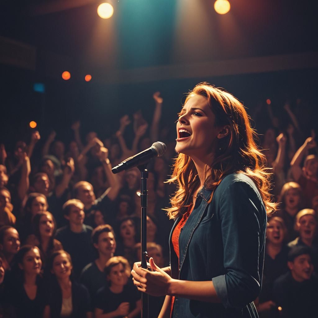 Dramatic Film Still of Singer on Stage
