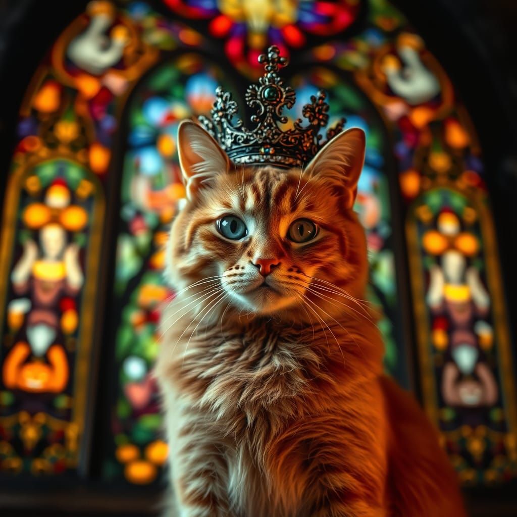 Tabby Cat with Crown in Halloween Stained Glass