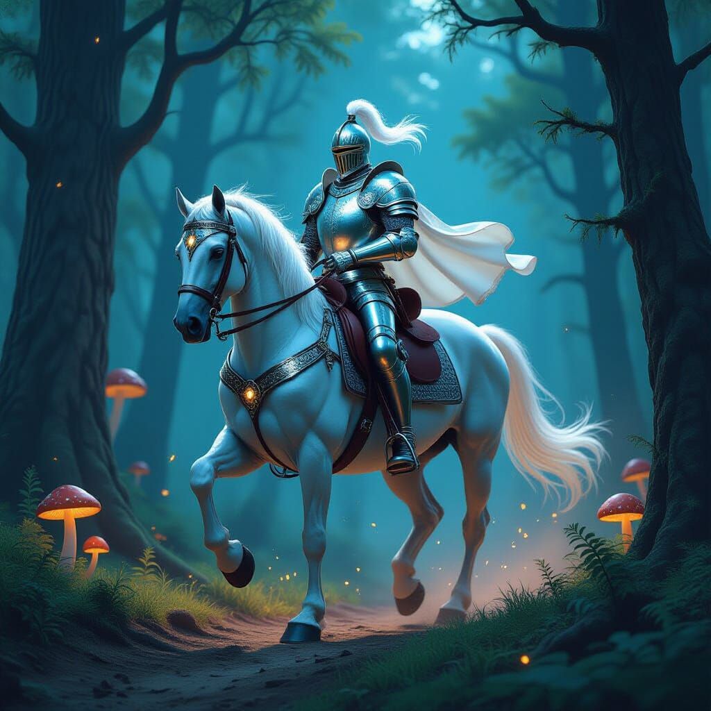 Valiant Knight on White Horse in Enchanted Forest