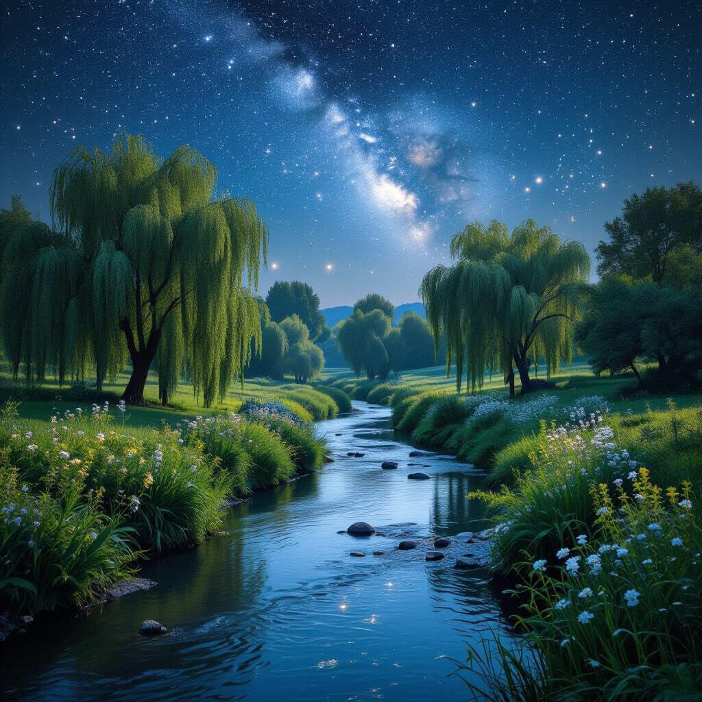 Peaceful Willow Trees Over Gentle Streams Under Starry Sky