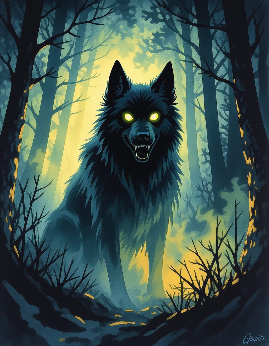 Ethereal Hound in Dark Forest: Gouache Impasto