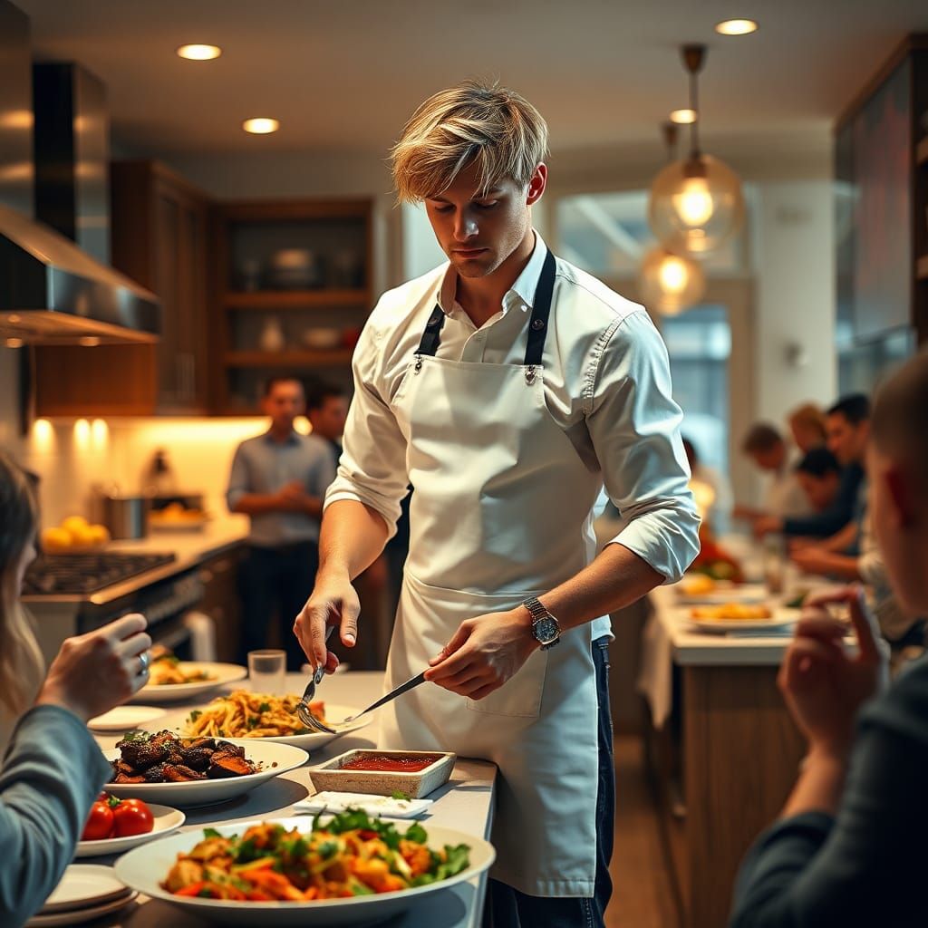 Young Chef Cooking Dinner, Fashion Photography Style