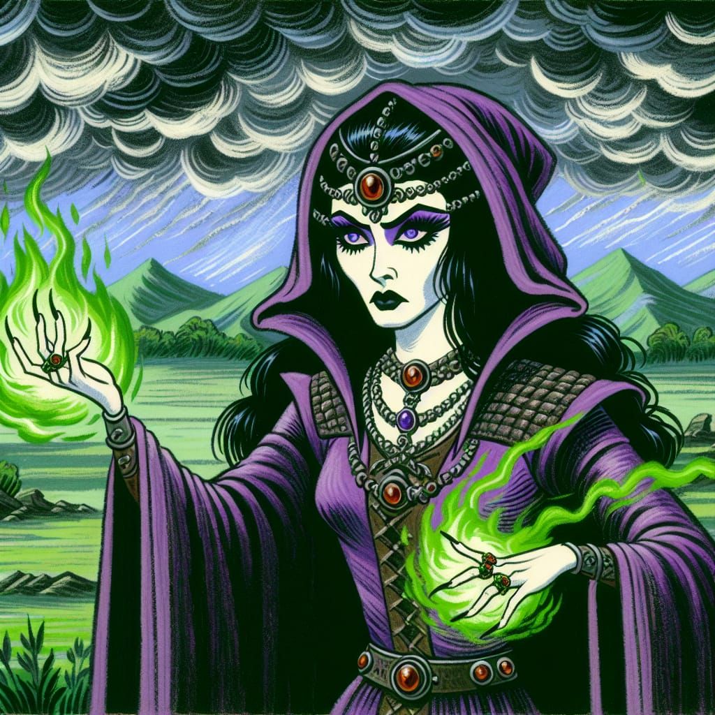 Mystic Sorceress Ritual Under Storm in Cell-Animated Style
