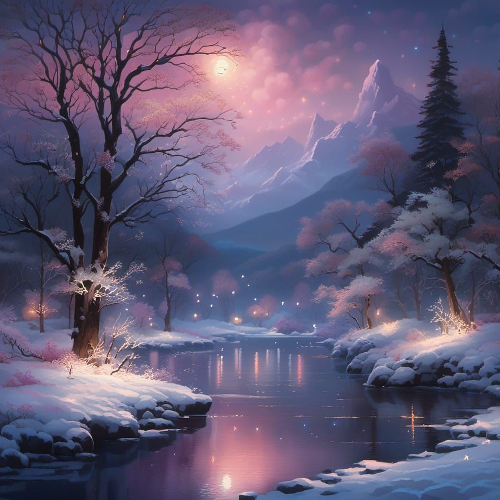 Enchanting Moonlit Winter Riverscape at Night