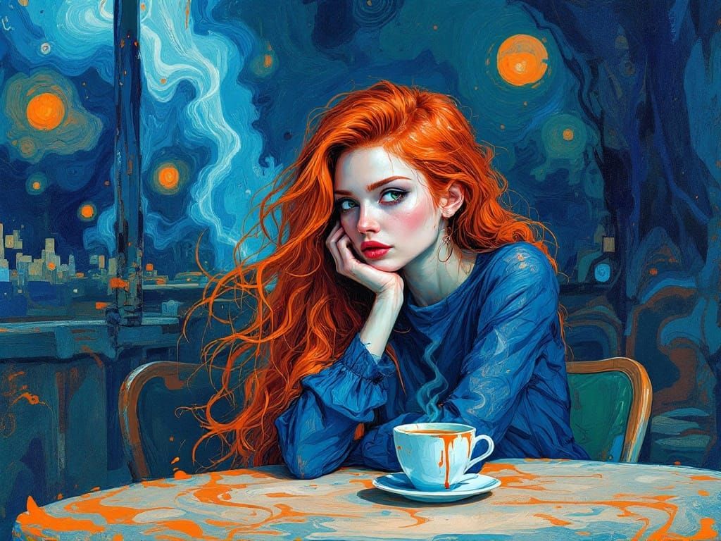 Dreaming Woman in Turbulent Café Scene, in Distorted Impasto...