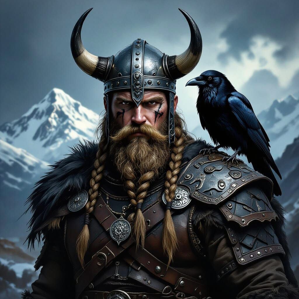 Viking Warrior with Raven, Renaissance Oil Painting Style