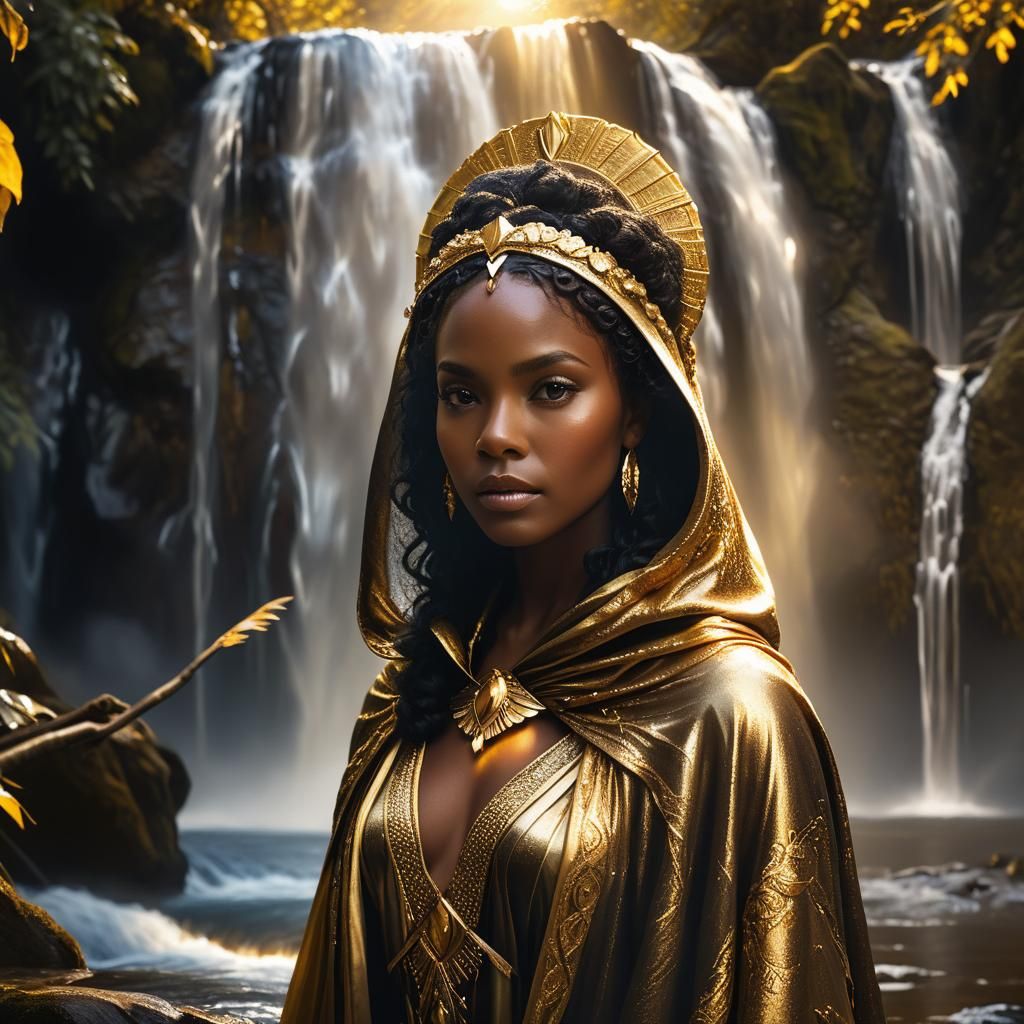 Golden Woman in Waterfall: Hyperrealistic Oil Painting
