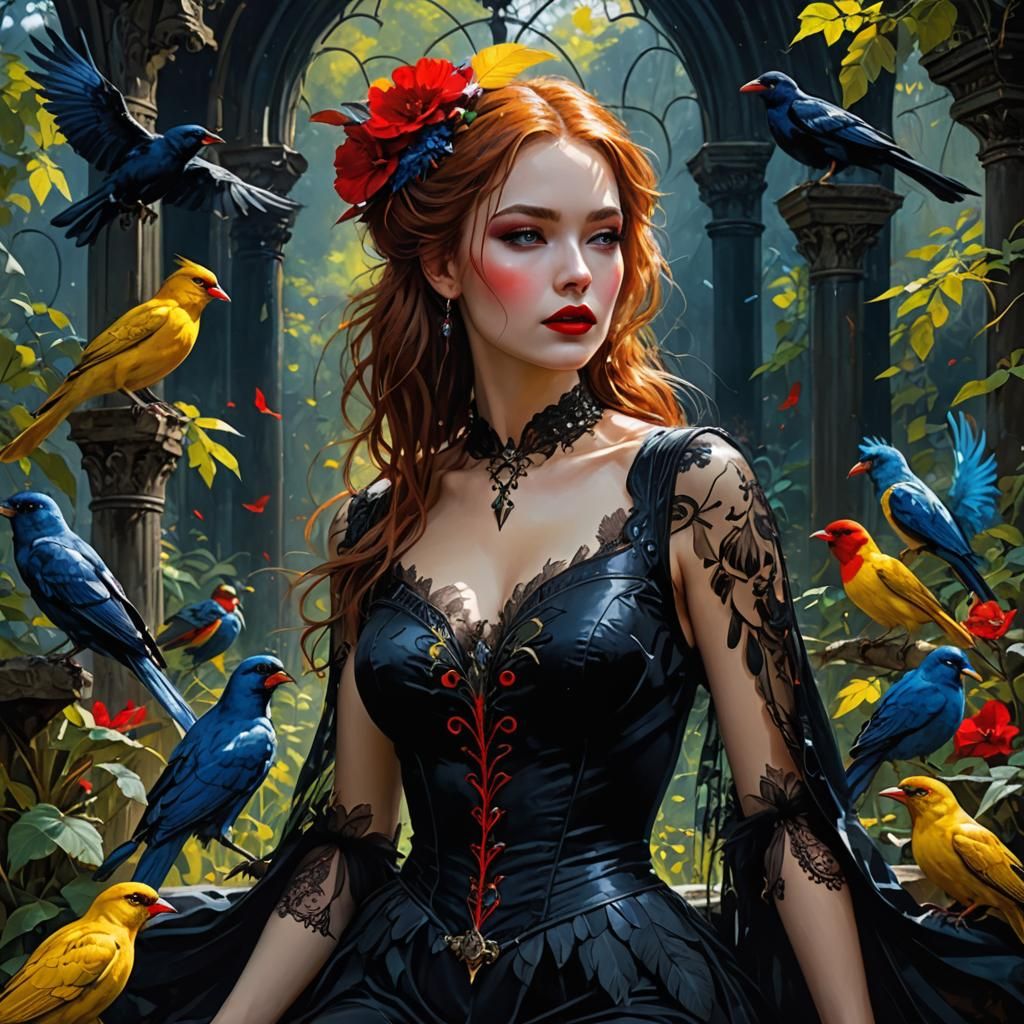 Gothic Beauty in a Dark Garden: Splash Art Portrait