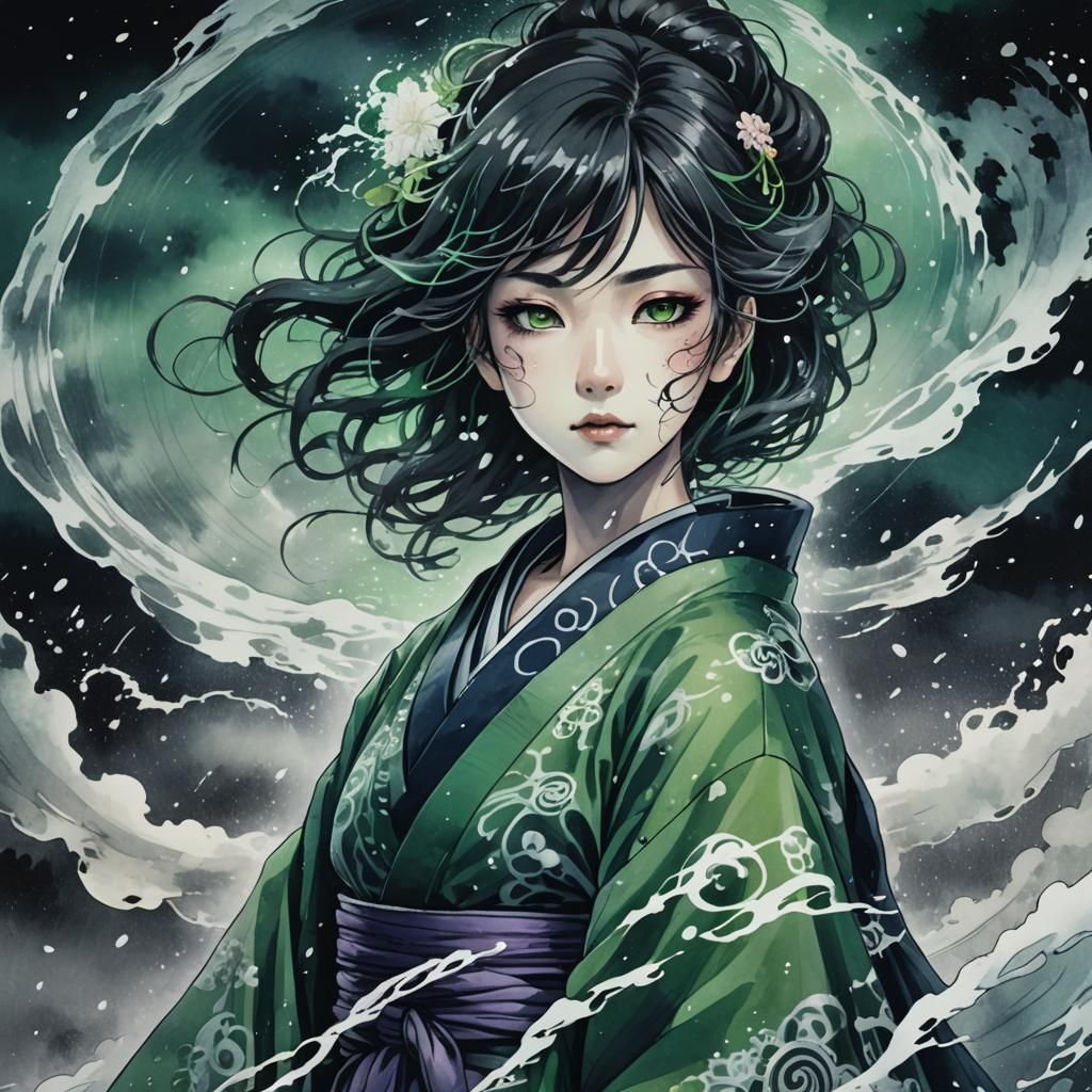 Eerie 80s Anime Ghost Portrait in Ukiyo-e Style