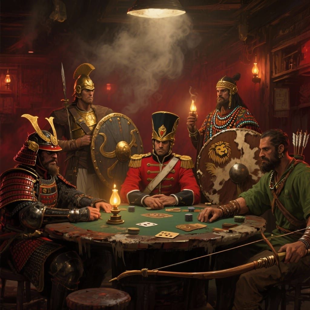 Legendary Warriors Play Poker in Smoky Saloon