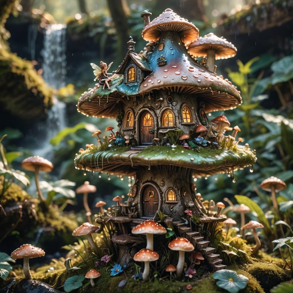 Fairy on Mushroom, Macro Photography with Dewdrops