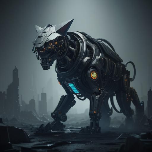Mechanical Cat Metal Sculpture in Cyberpunk Style