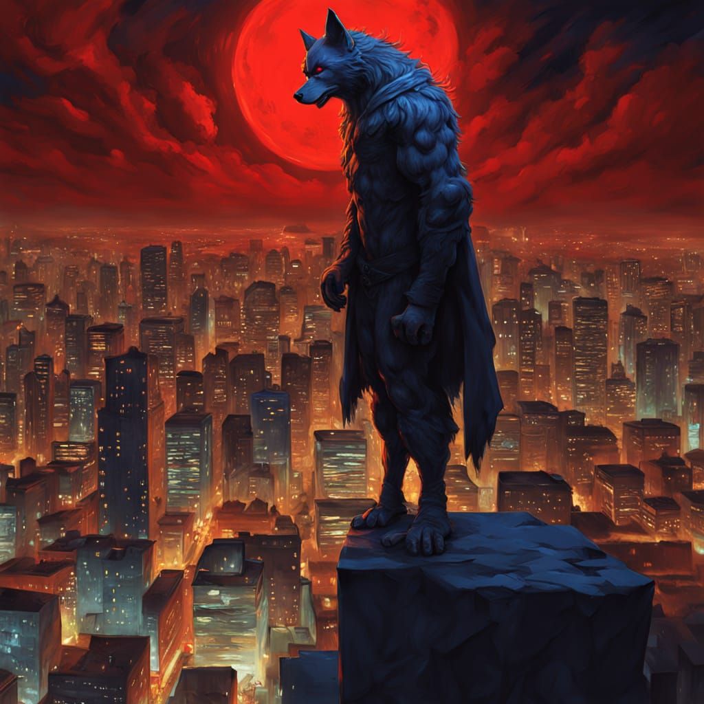 Lycanthrope Vigilante Overlooks Cityscape in Goya-Inspired F...