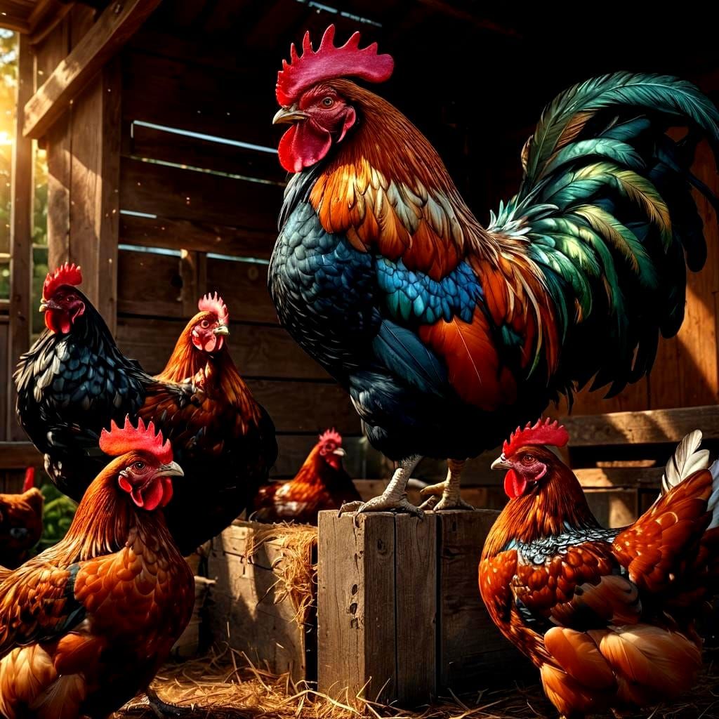 Proud Cockerels with Metallic Feathers in Chicken Coop