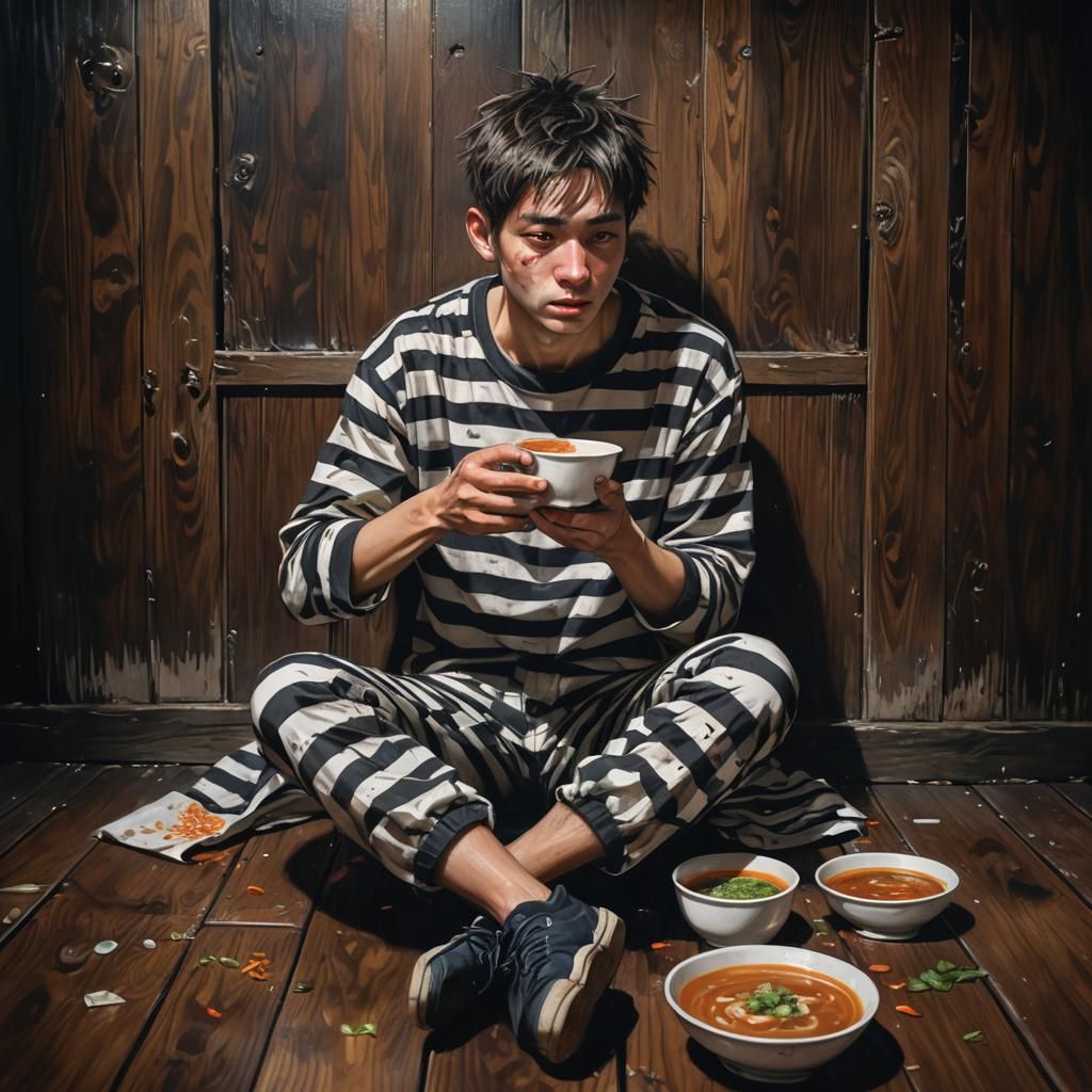 Hyperrealistic Prisoner Eating Soup in Dark Room