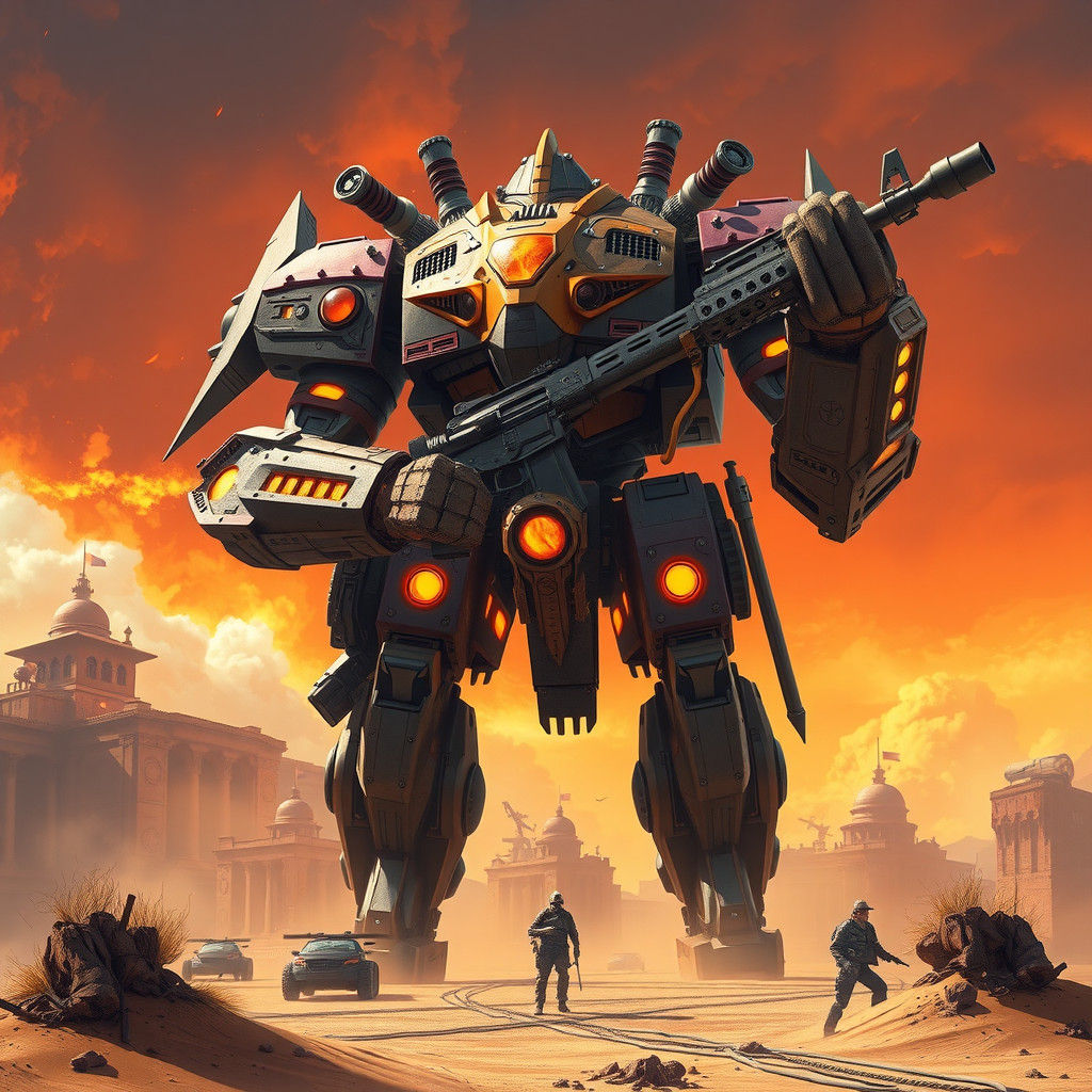 Mechanical War God in Desert Battlefield, Art Nouveau Style