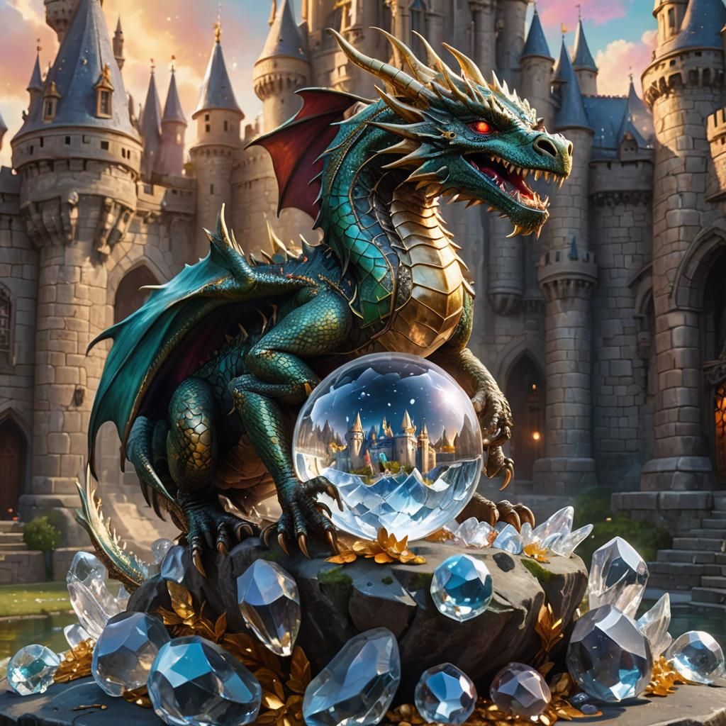 Dragon on Crystal Ball with Castle and Jewels