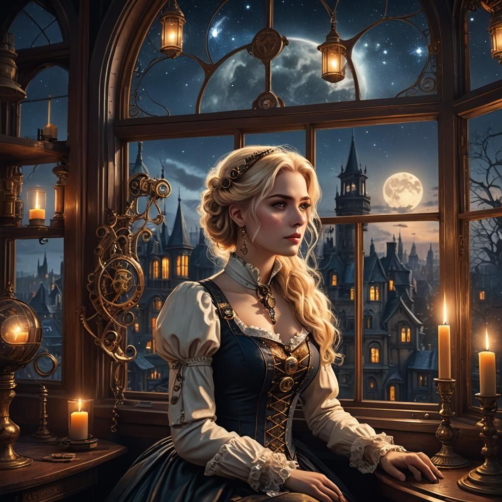 Steampunk Beauty Contemplates Night Sky in Victorian Era