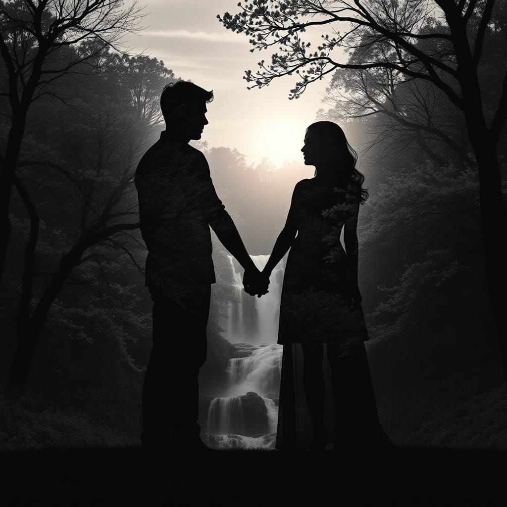 Double Exposure: Couple in Forest at Sunset