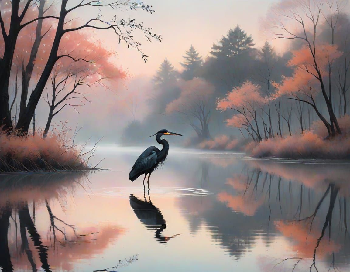 Tranquil Black Heron in Soft Foliage Landscape