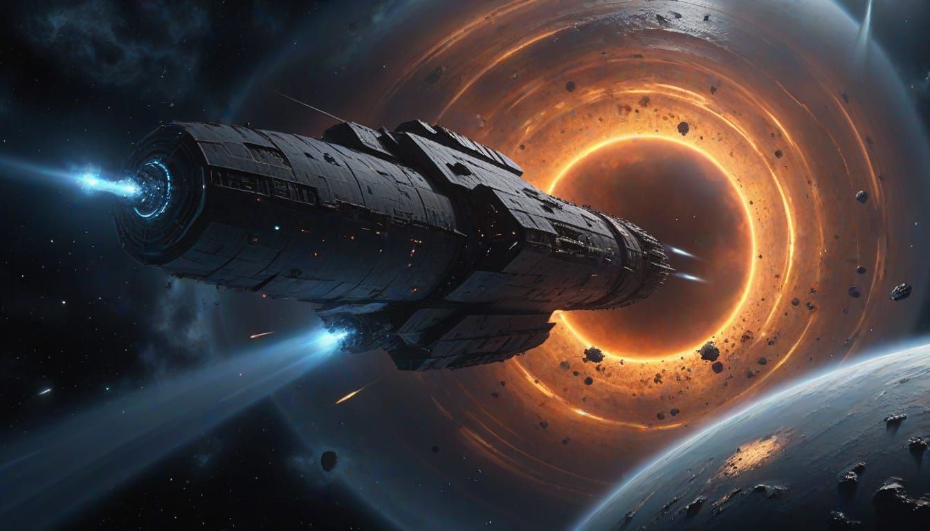 Massive Rusty Spaceship Titan Emerging from Wormhole