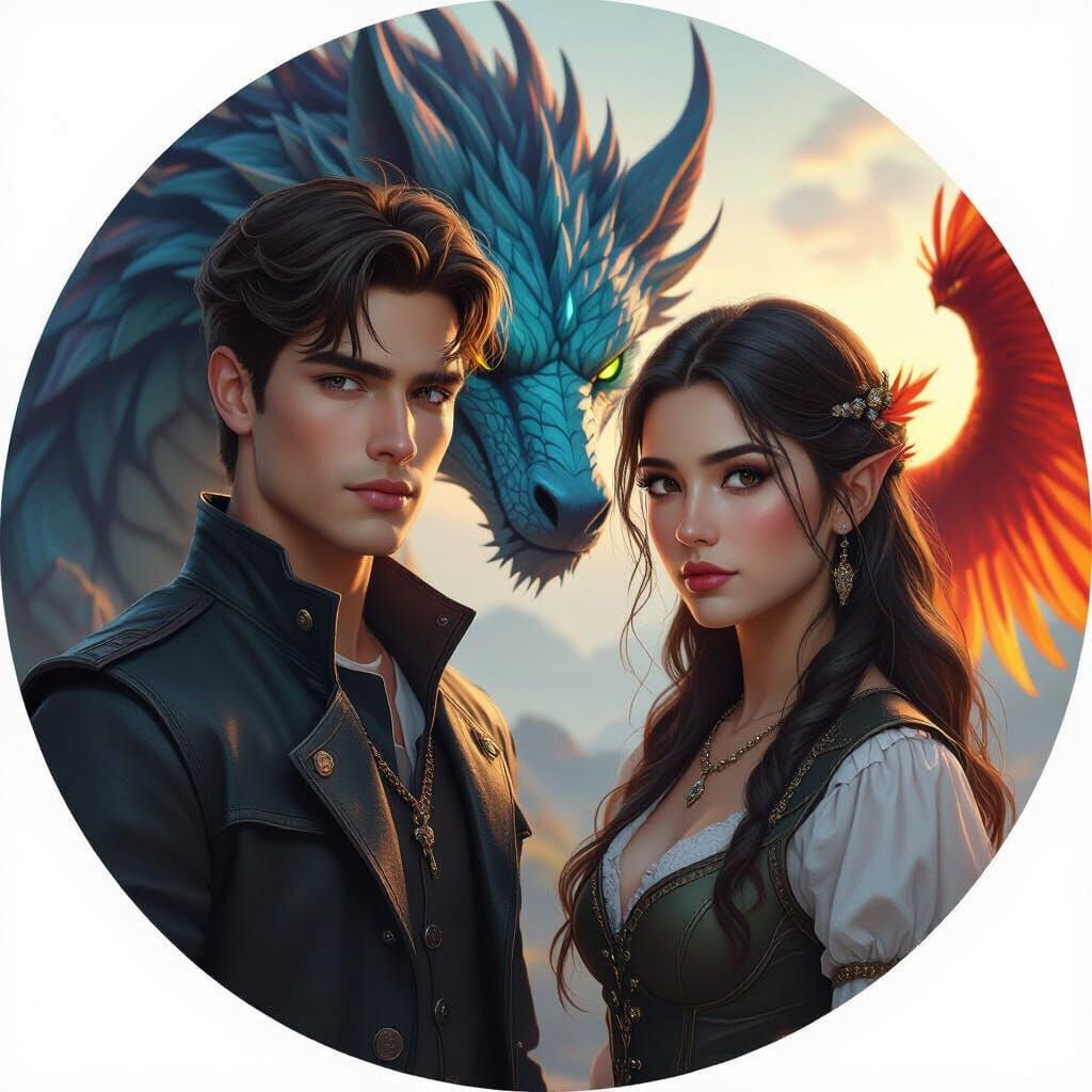 Realistic Fantasy Portrait: Man, Mythical Being, and Dragon