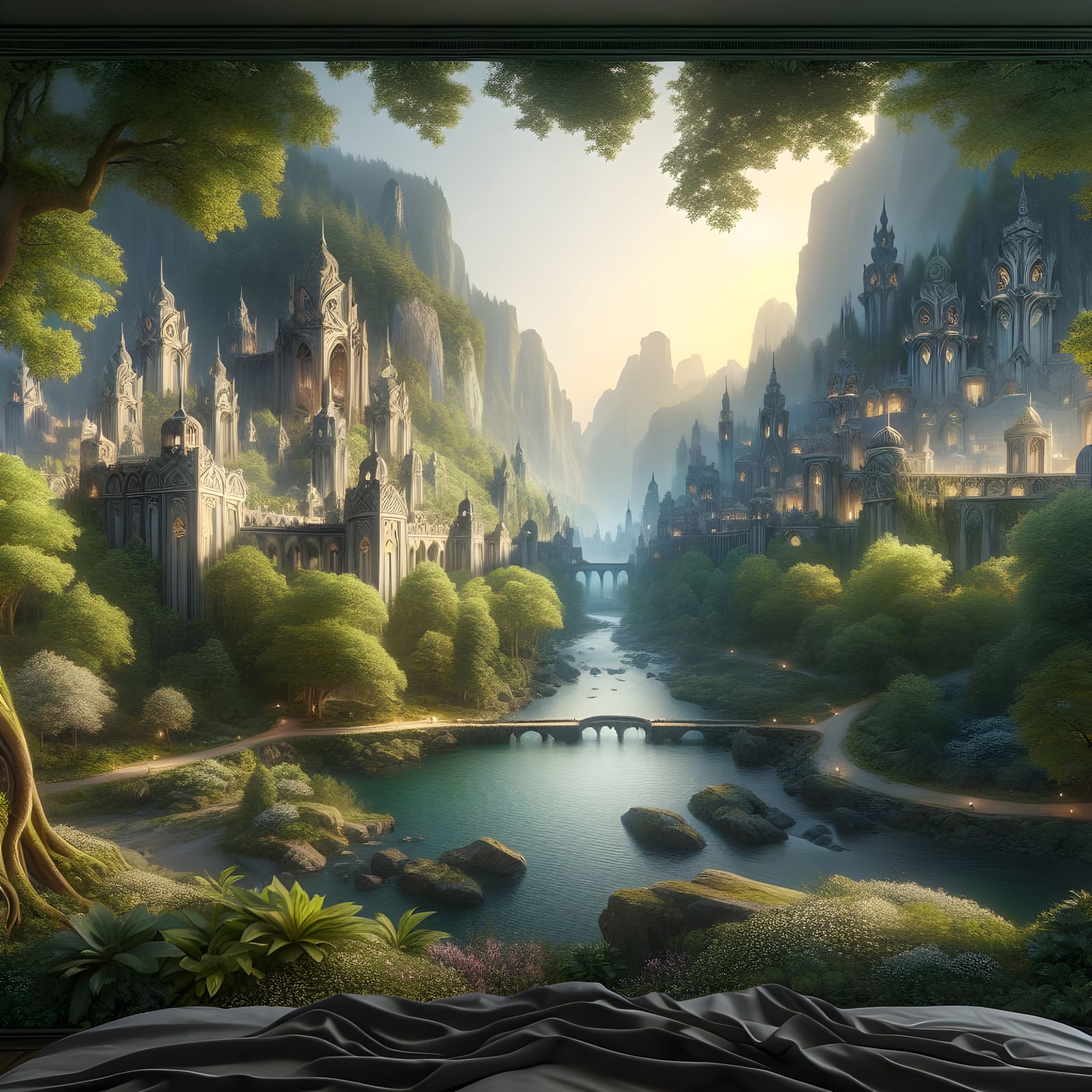 Elven City Mural: Serene Valley Digital Painting
