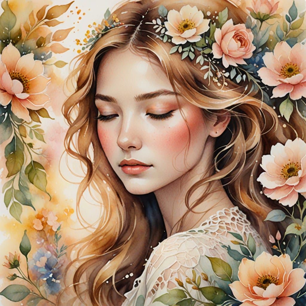 Whimsical Watercolor Portrait of a Young Woman in a Floral C...