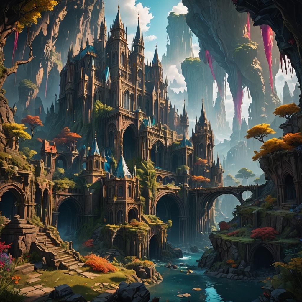 Fantastical Stained Glass Landscape in Detailed Matte Painti...