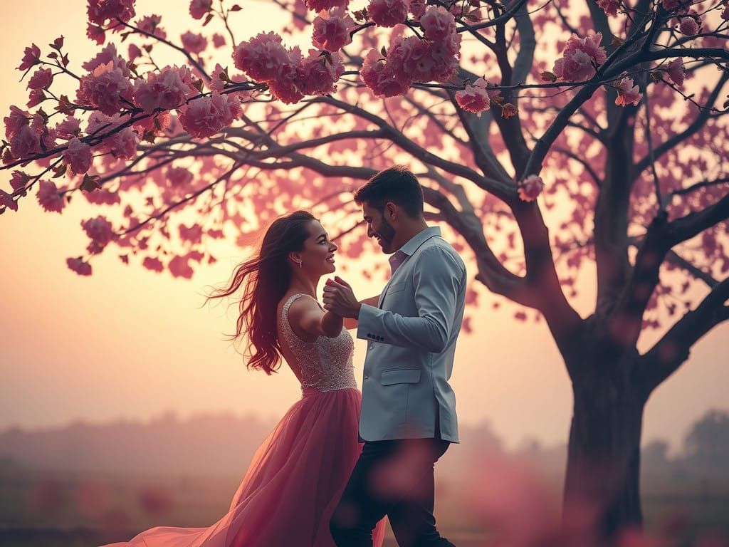 Dreamy Couple Dance Under Blooming Pink Blossoms Tree