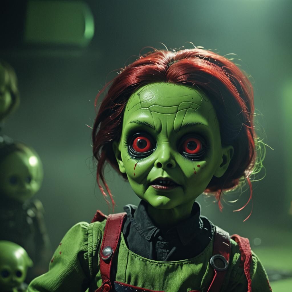 Sinister Doll Kills Alien in Dark Fantasy Art