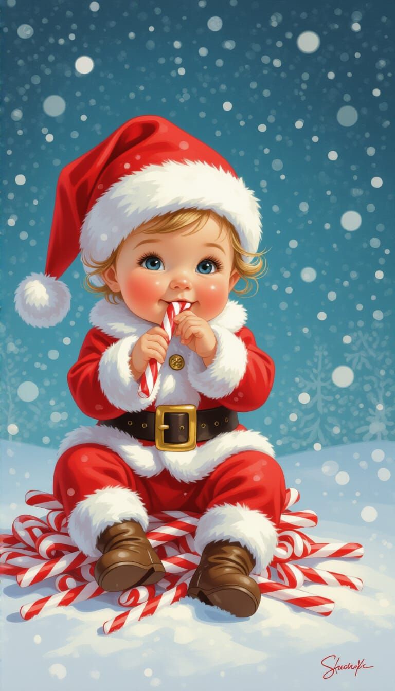 Adorable Baby in Santa Suit Eats Candy Cane Amidst Falling S...