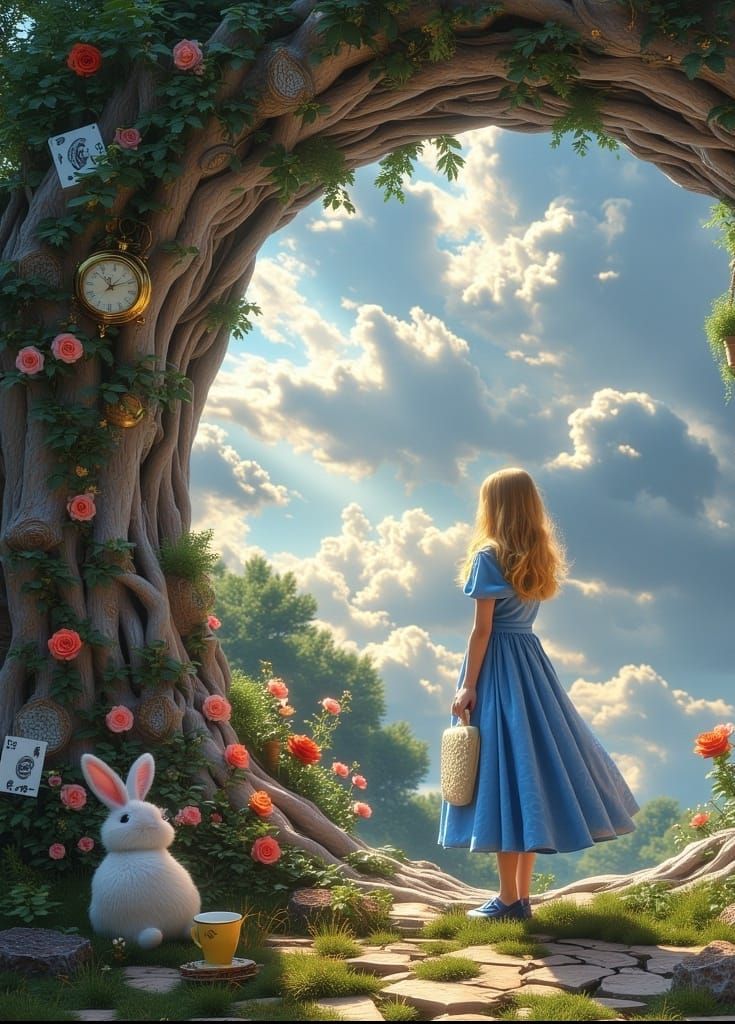 Whimsical Alice in Wonderland Scene in Vibrant Colors