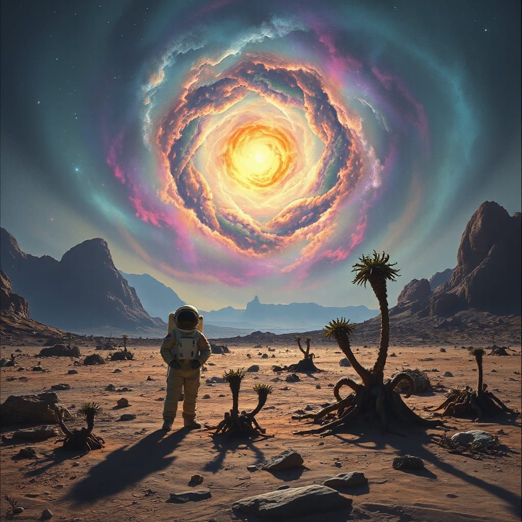 Astronaut on Alien Planet Gazing at Nebula