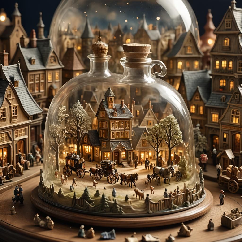 Miniature Vintage Town Encased in Glass Bottle